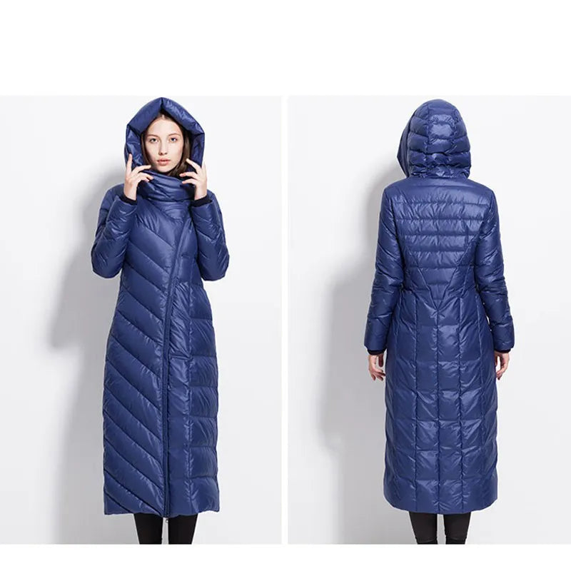 Winter down coat waterproof long  thick  puffer hat black  and dark blue  jackets for Women