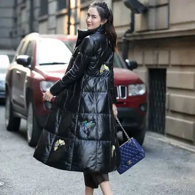 New Luxury Brand genuine leather women's coat long stand collar duck down Jacket