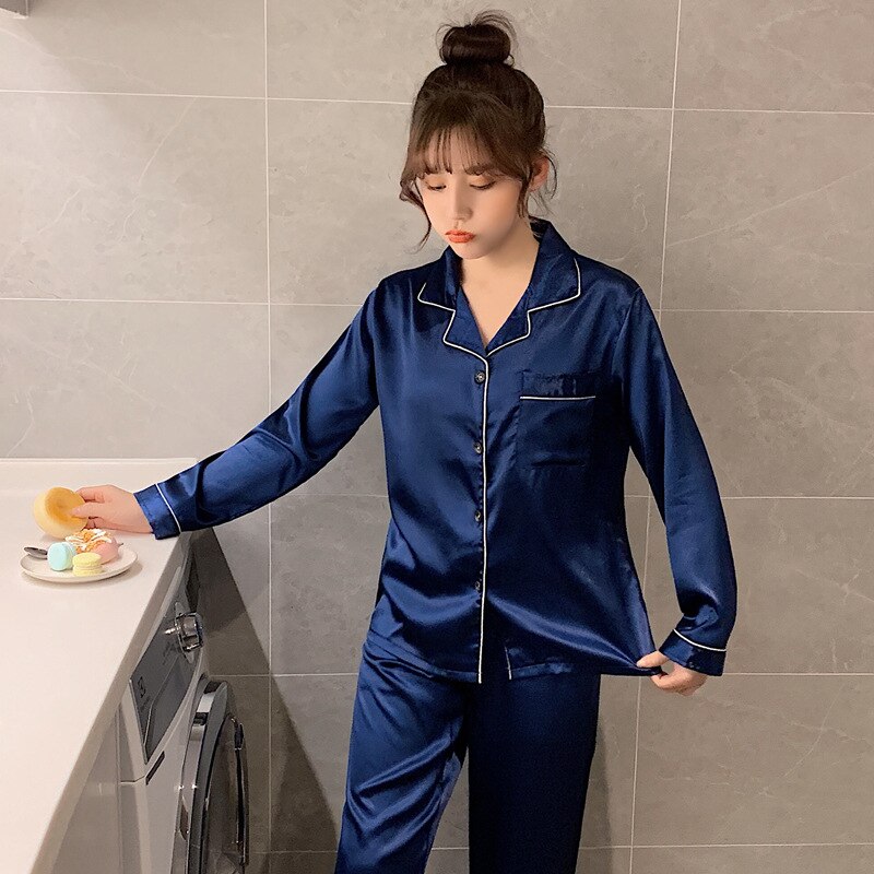 Solid Color Sleepwear Silk Satin Pajamas couple Set Long Button-Down Pyjamas Suit for Men and  Women