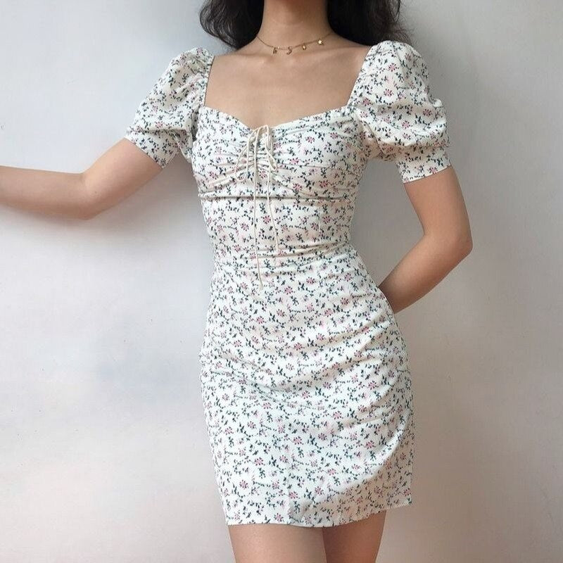 Women's Elegant Simple Sexy Chiffon Bodycon Puff Sleeve High Waist Trendy Summer Holiday Sundress