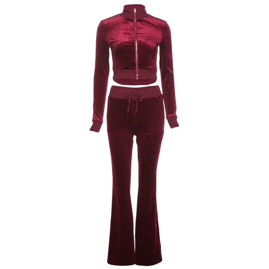 Velvet Casual Women Tracksuit 2 Piece Set Long Sleeve Zipper Sweatshirt Top+Bandage Straight Pants