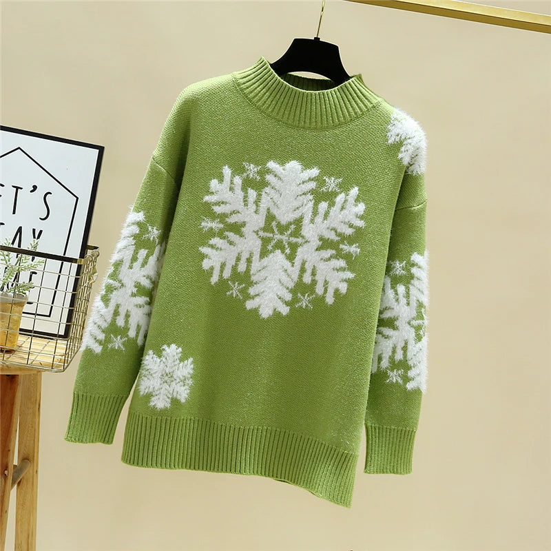 Winter Snowflake Pullover O-neck Casual Knitted Sweater for Women