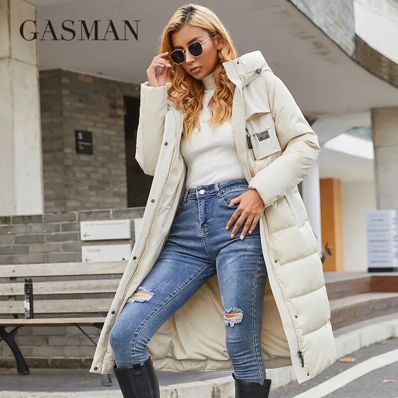 Women's Long Fashion winter down jackets Zipper pocket with belt parka high quality outwear