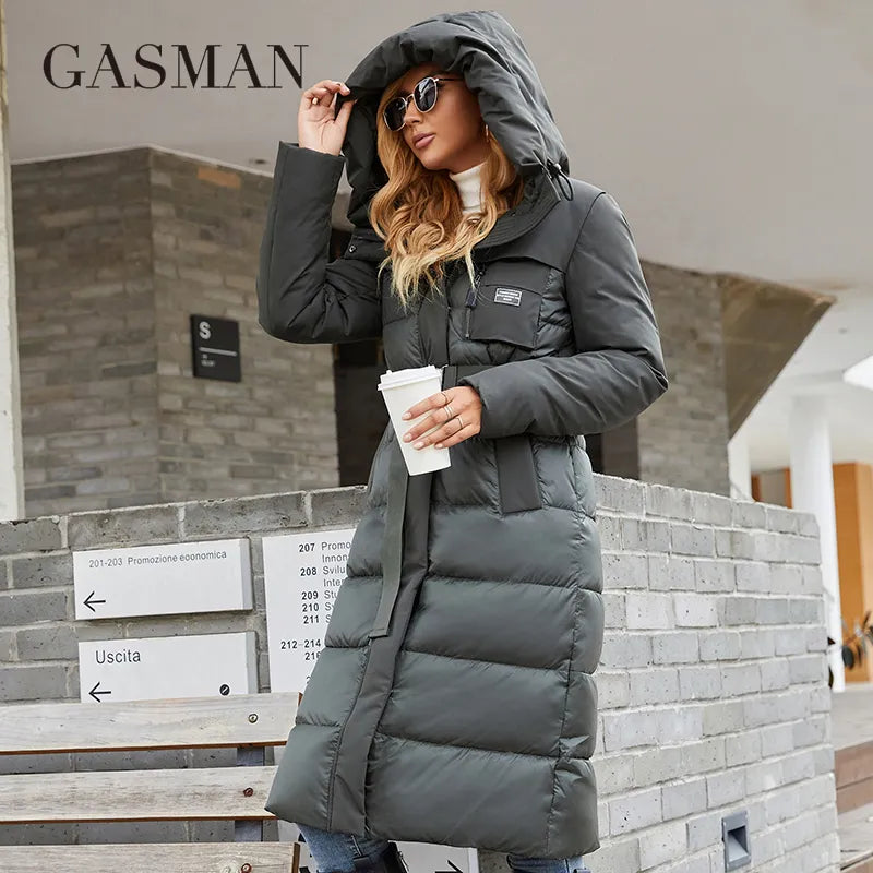 Women's Long Fashion winter down jackets Zipper pocket with belt parka high quality outwear