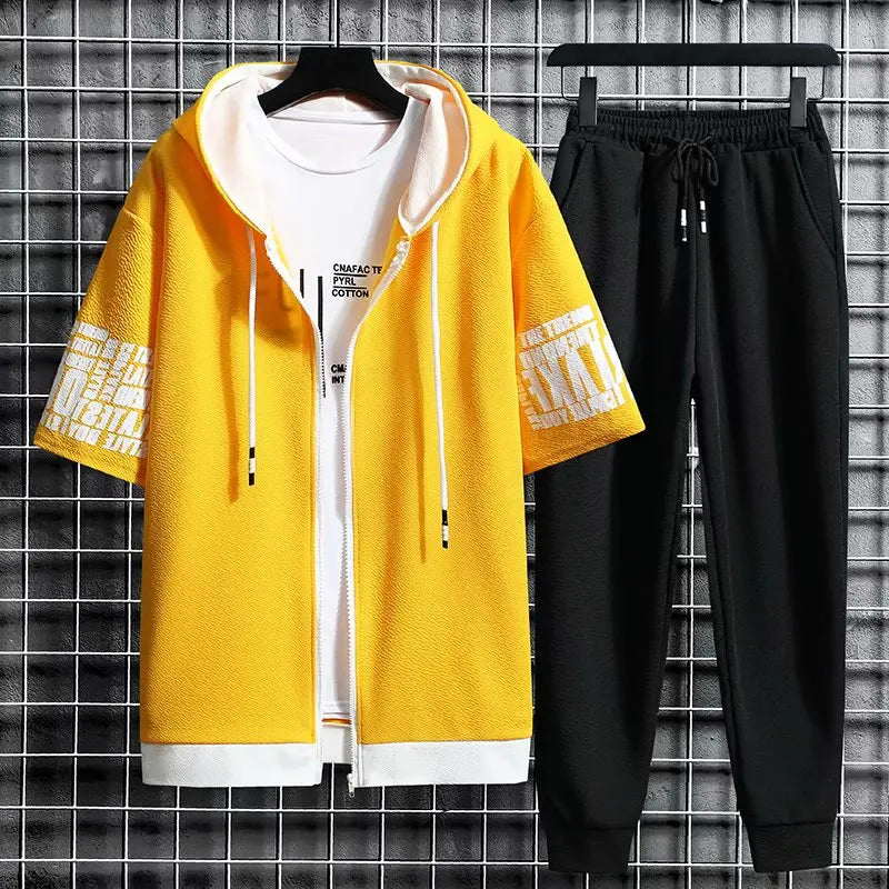 Men's Sets Hooded Zipper Short Sleeve Tops+ Elastic Waist Korean Streetwear Tracksuit