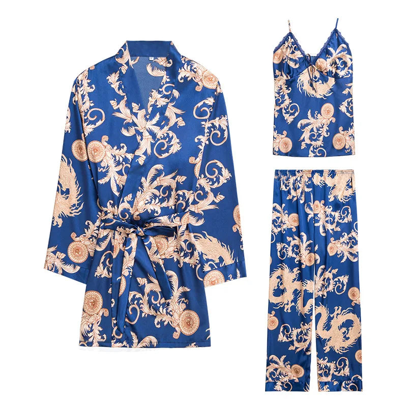 Women Silk Sexy Summer Lingerie Satin Dragon Long Sleeve  Korean Three Piece Pajama Sets Gown