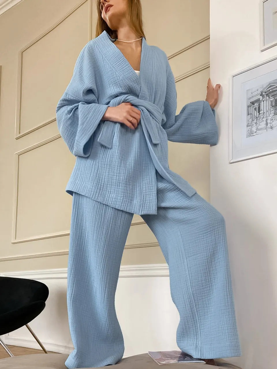 Pure Cotton Women's Nightgown Robe Pajama Sets Drop Sleeves 2 Pieces set