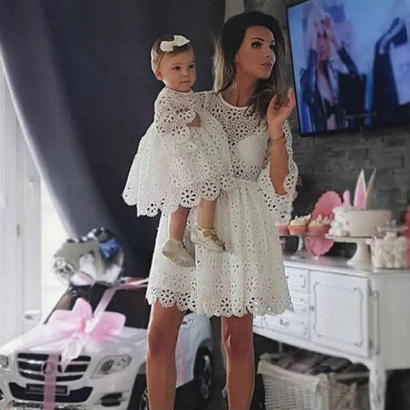 Fashion Family Matching Clothes – White Hollow Floral Lace Dress for Mother &amp; Daughter