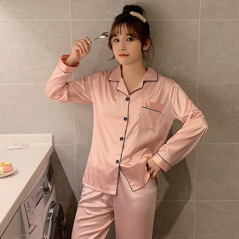 Solid Color Sleepwear Silk Satin Pajamas couple Set Long Button-Down Pyjamas Suit for Men and  Women