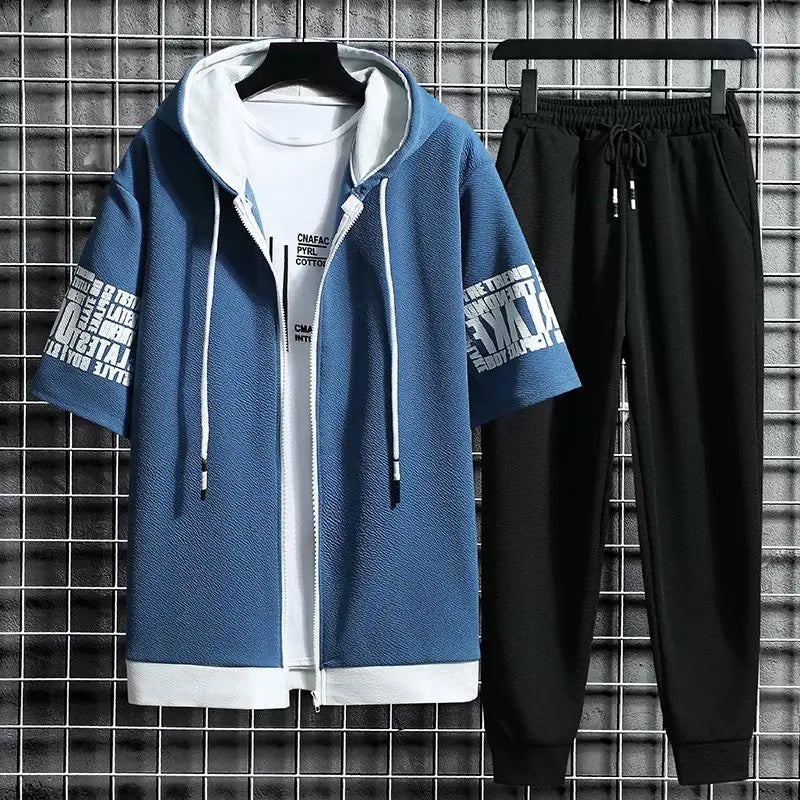 Men's Sets Hooded Zipper Short Sleeve Tops+ Elastic Waist Korean Streetwear Tracksuit