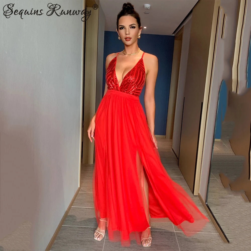 Red Backless Sequin Corset Maxi Dress for Christmas Party