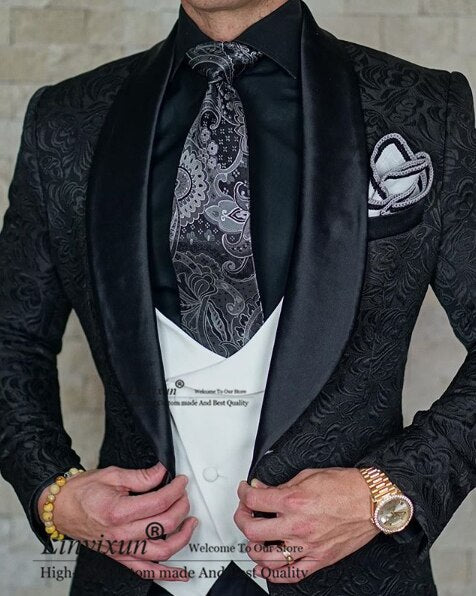 Tailor-Made Burgundy Wedding Men Suits Slim Fit  3 Pieces Suits Groom Prom Jacquard Blazer Suits