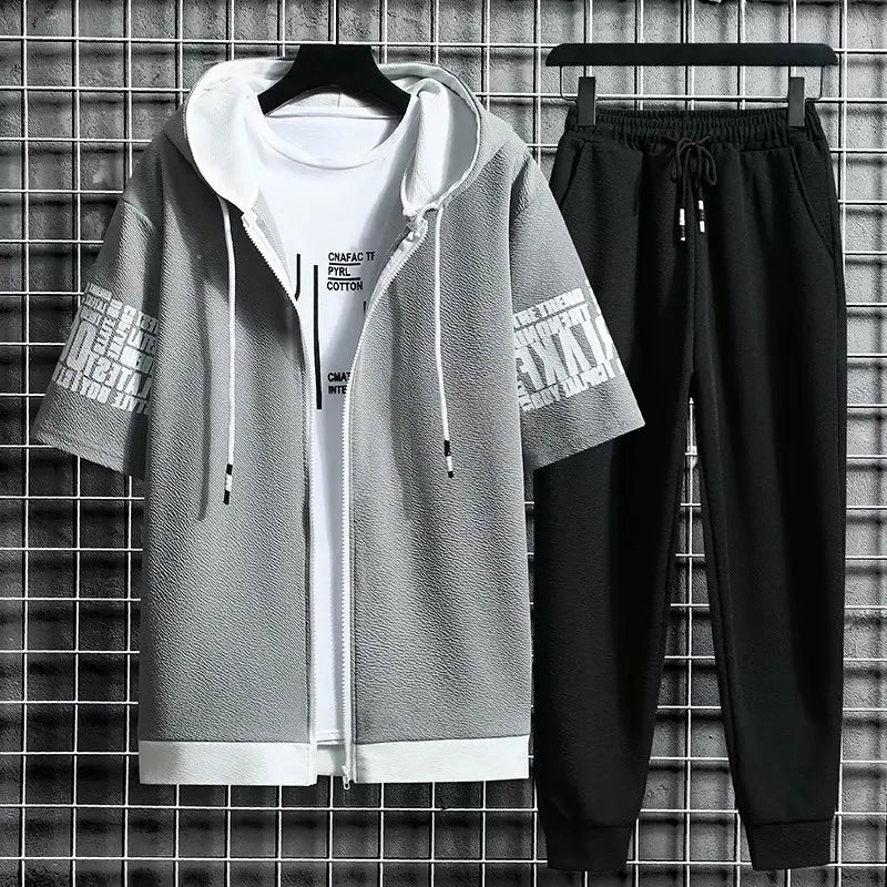 Men's Sets Hooded Zipper Short Sleeve Tops+ Elastic Waist Korean Streetwear Tracksuit