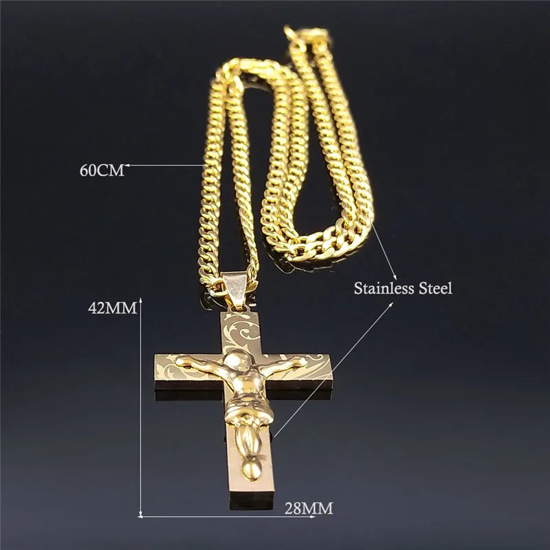 Hip Hop Christian Cross Stainless Steel Gold Color Long Necklace for Women/Men