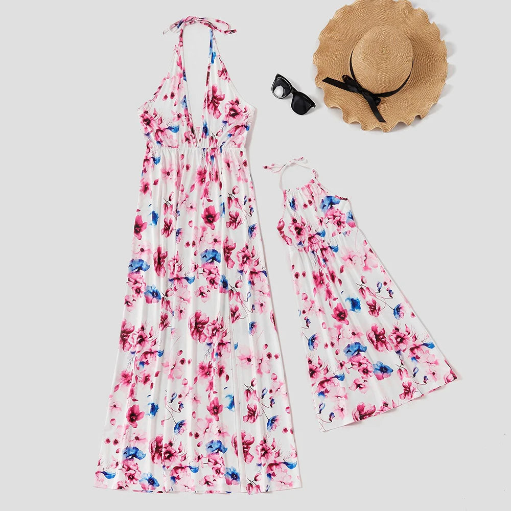 Mommy and Me Dress Floral Print V-Neck Ruffle Backless Family Matching dresses