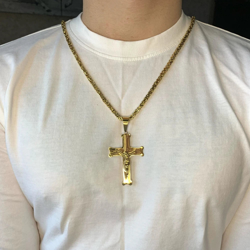 Stainless Steel Big Jesus Cross Pendant With Long Chain Men's Gold Color  Necklaces