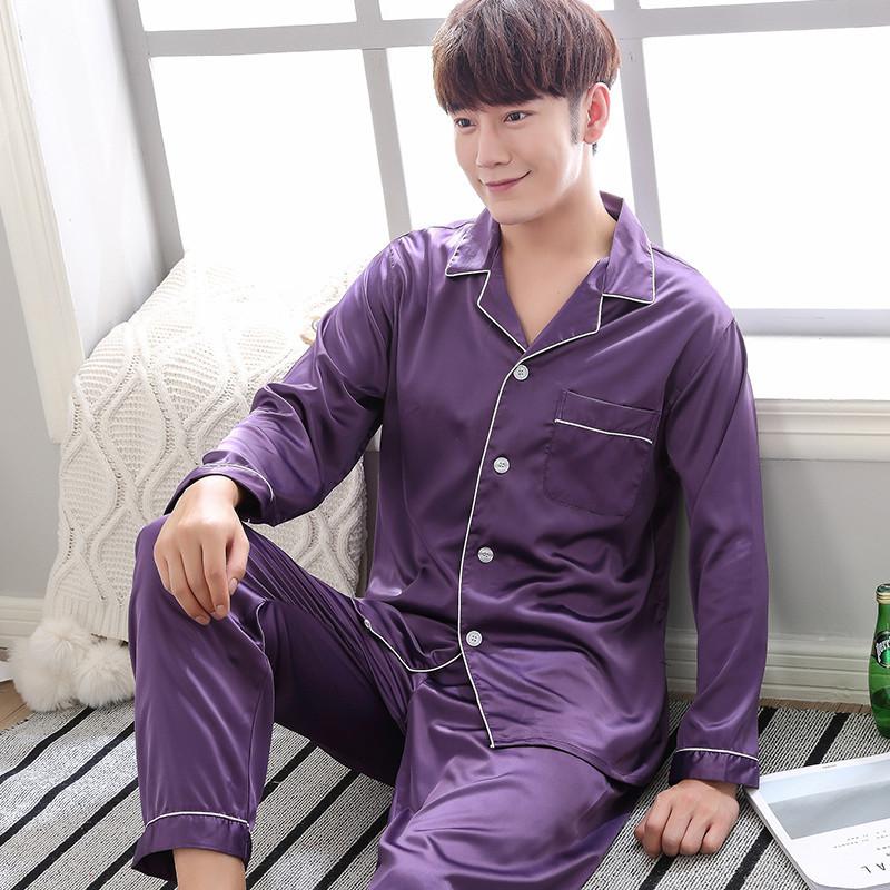 Solid Color Sleepwear Silk Satin Pajamas couple Set Long Button-Down Pyjamas Suit for Men and  Women