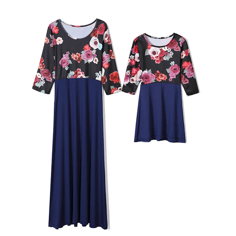 New Autumn Family Look Mother Daughter Long Sleeve Floral Printed Dress