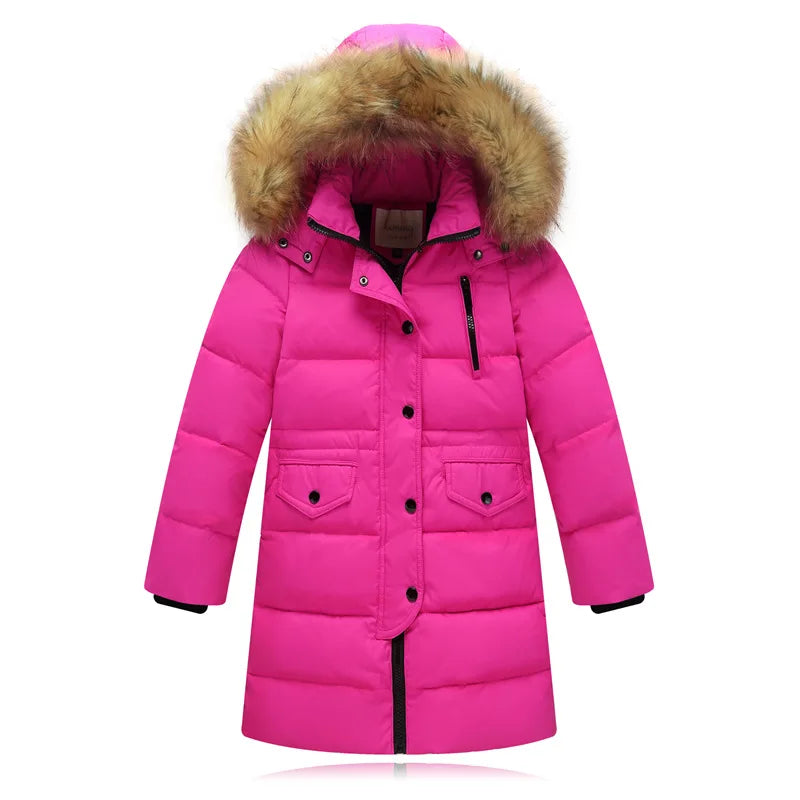 Girls’ Winter Duck Down Jacket with Natural Fur Collar – Warm, Thick Long-Length Coat