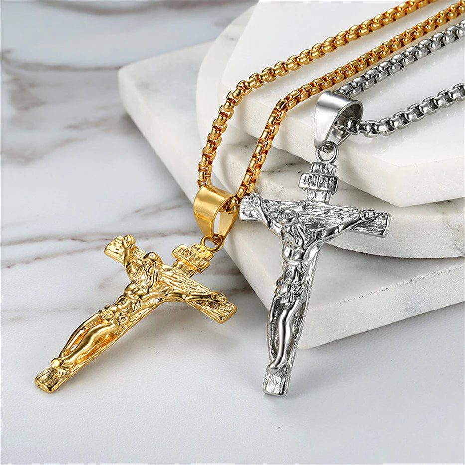 Religious Cross Pendant Necklace for Women/Men Gold Color Stainless Steel Jewellery