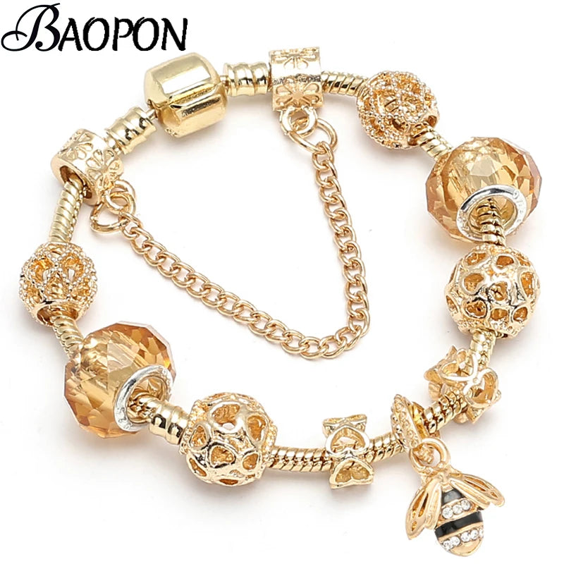 Luxury Crystal Bees Gold Color  Fine Charm Bracelet  for Girls and Women