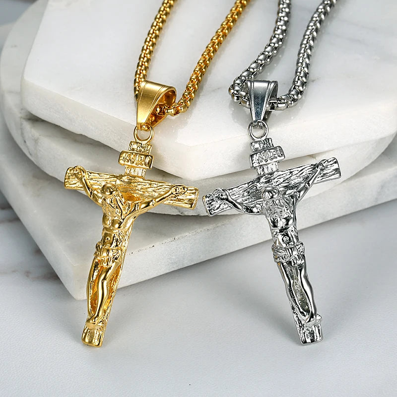 Religious Cross Pendant Necklace for Women/Men Gold Color Stainless Steel Jewellery