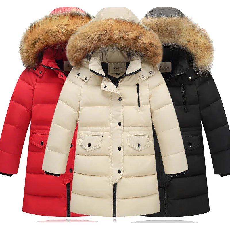 Girls’ Winter Duck Down Jacket with Natural Fur Collar – Warm, Thick Long-Length Coat