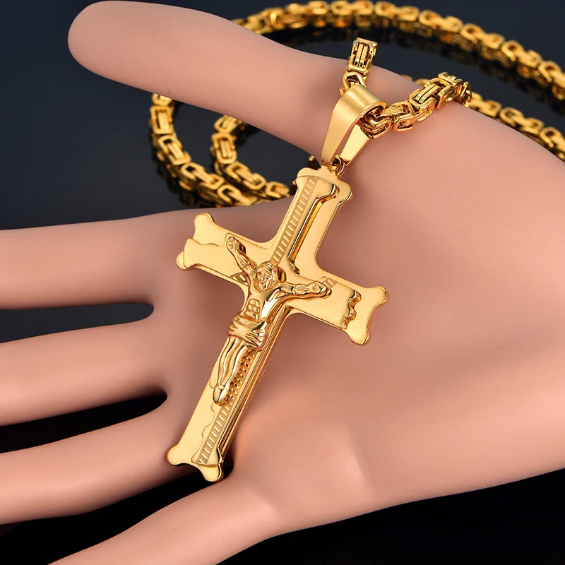 Stainless Steel Big Jesus Cross Pendant With Long Chain Men's Gold Color  Necklaces