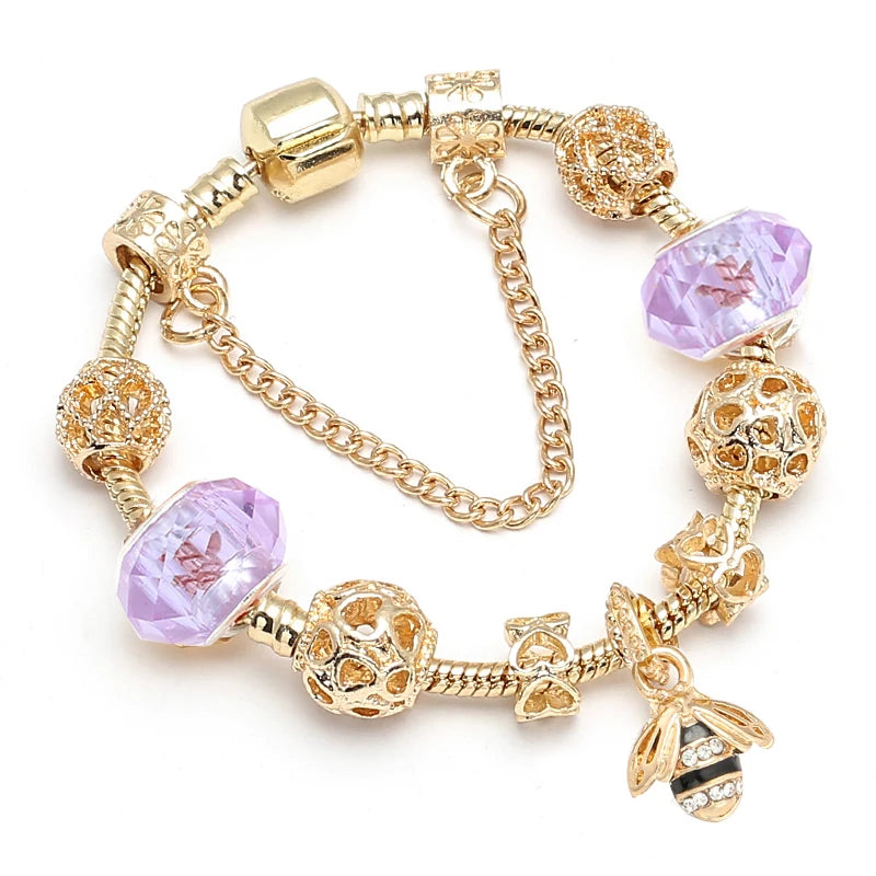 Luxury Crystal Bees Gold Color  Fine Charm Bracelet  for Girls and Women