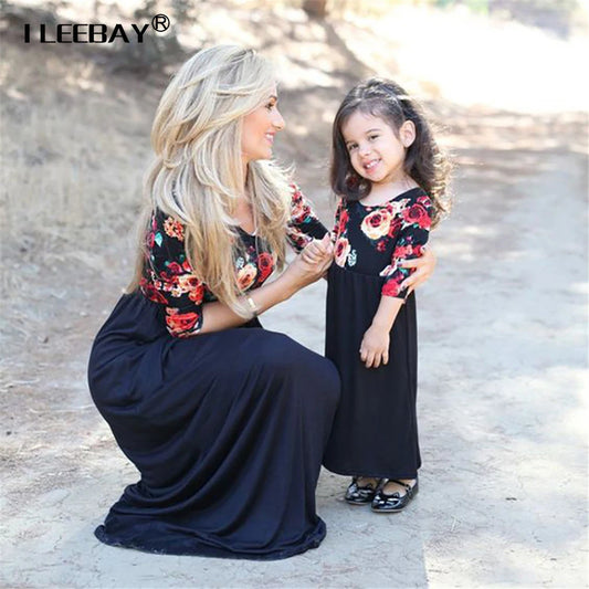 New Autumn Family Look Mother Daughter Long Sleeve Floral Printed Dress