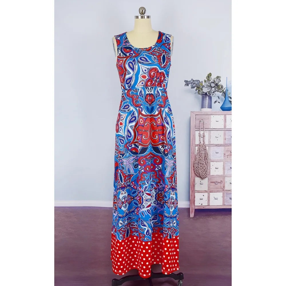 Bohemian Family Matching Outfit Maxi Dress Polk Dot Sleeveless Summer Long Dress