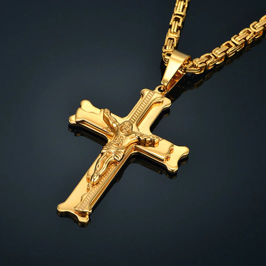 Stainless Steel Big Jesus Cross Pendant With Long Chain Men's Gold Color  Necklaces