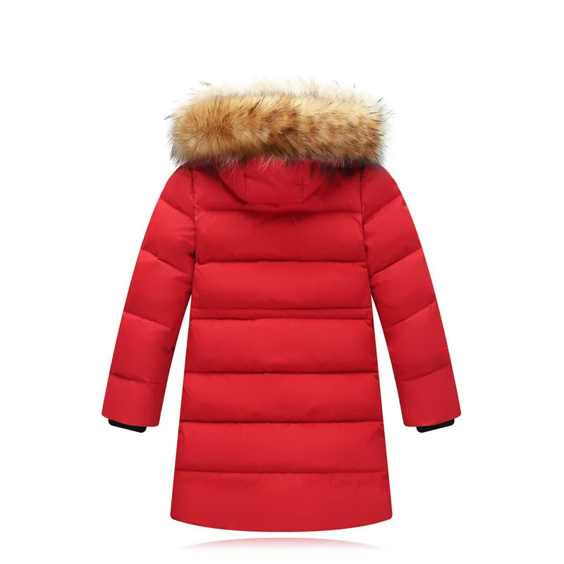 Girls’ Winter Duck Down Jacket with Natural Fur Collar – Warm, Thick Long-Length Coat