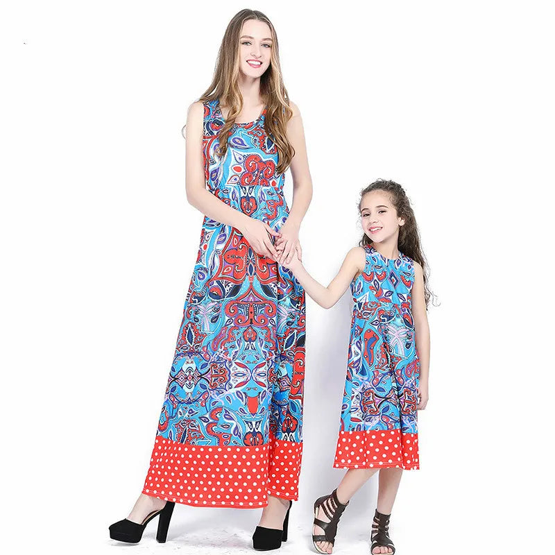 Bohemian Family Matching Outfit Maxi Dress Polk Dot Sleeveless Summer Long Dress