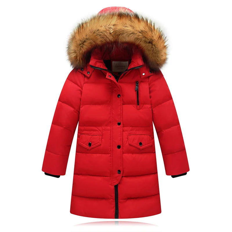 Girls’ Winter Duck Down Jacket with Natural Fur Collar – Warm, Thick Long-Length Coat