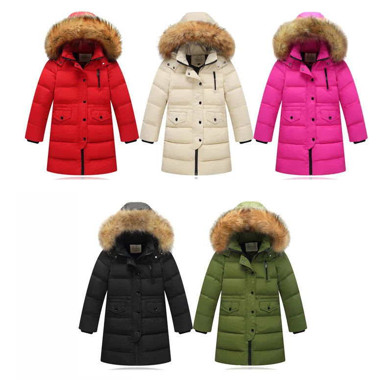 Girls’ Winter Duck Down Jacket with Natural Fur Collar – Warm, Thick Long-Length Coat