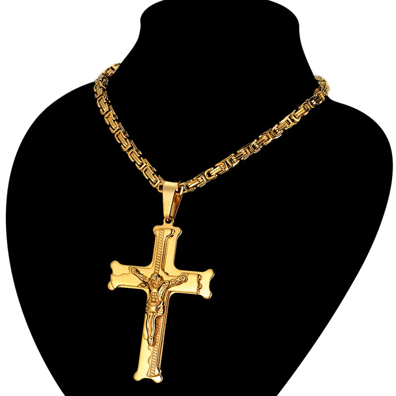 Stainless Steel Big Jesus Cross Pendant With Long Chain Men's Gold Color  Necklaces