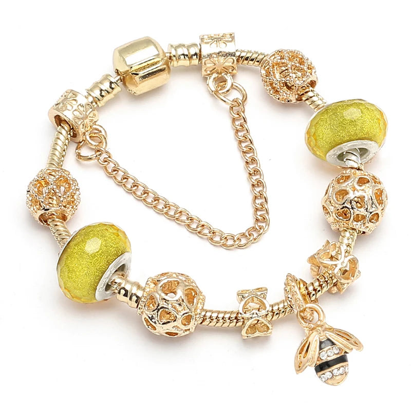 Luxury Crystal Bees Gold Color  Fine Charm Bracelet  for Girls and Women