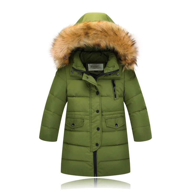 Girls’ Winter Duck Down Jacket with Natural Fur Collar – Warm, Thick Long-Length Coat