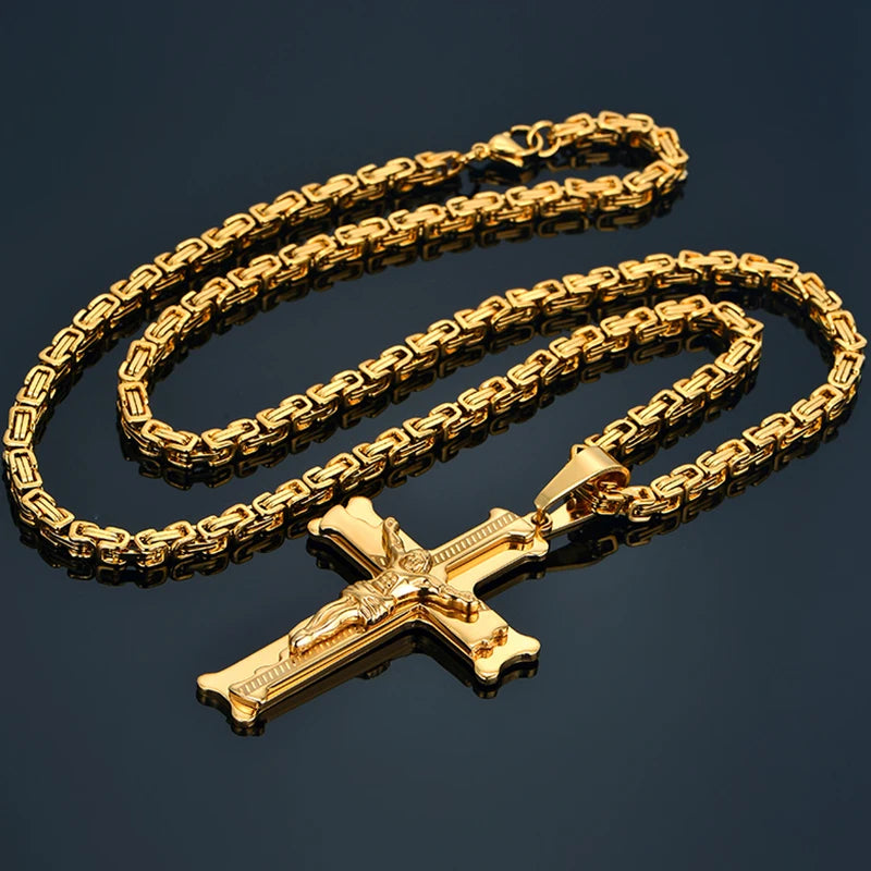 Stainless Steel Big Jesus Cross Pendant With Long Chain Men's Gold Color  Necklaces