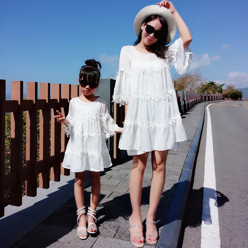 Family Matching Outfits Summer Mother Daughter Lace Dresses Fashion Party Beach Holiday Dress