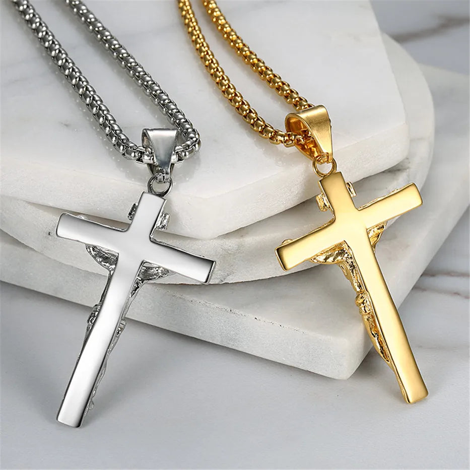 Religious Cross Pendant Necklace for Women/Men Gold Color Stainless Steel Jewellery