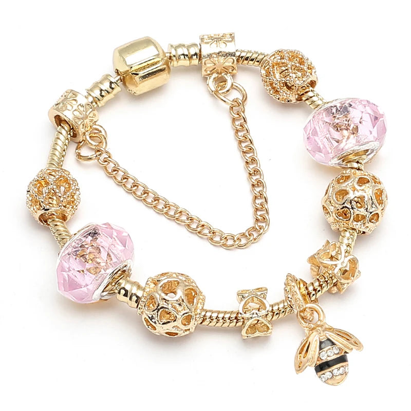 Luxury Crystal Bees Gold Color  Fine Charm Bracelet  for Girls and Women