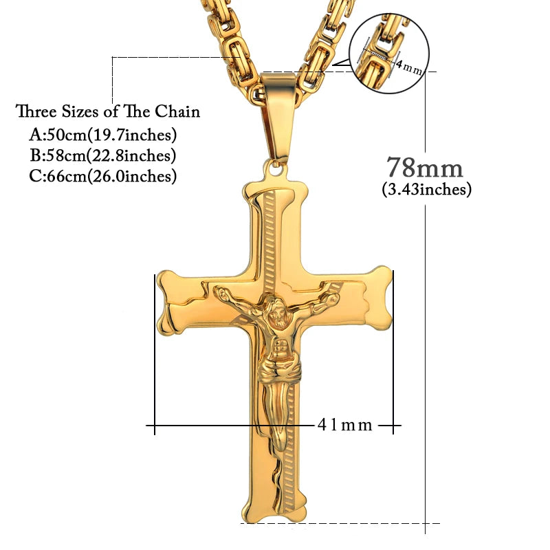 Stainless Steel Big Jesus Cross Pendant With Long Chain Men's Gold Color  Necklaces