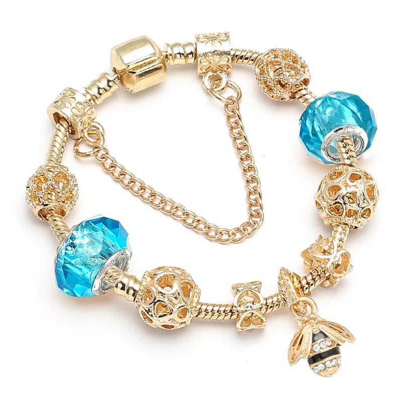 Luxury Crystal Bees Gold Color  Fine Charm Bracelet  for Girls and Women