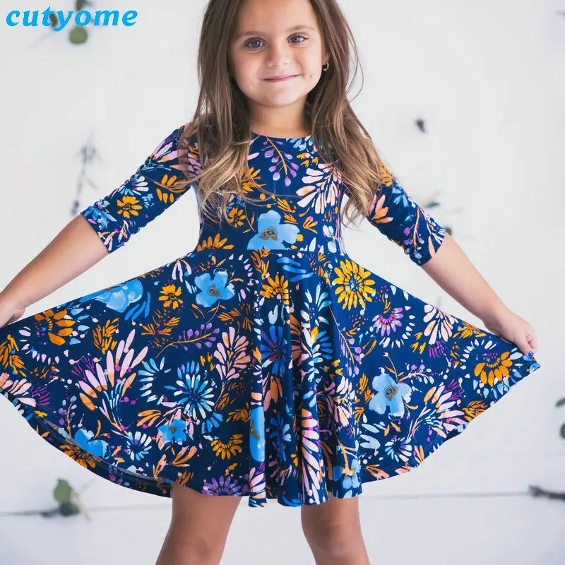 Mother Daughter Dresses Floral Print Half Sleeve Blue Dress Family Matching Outfits