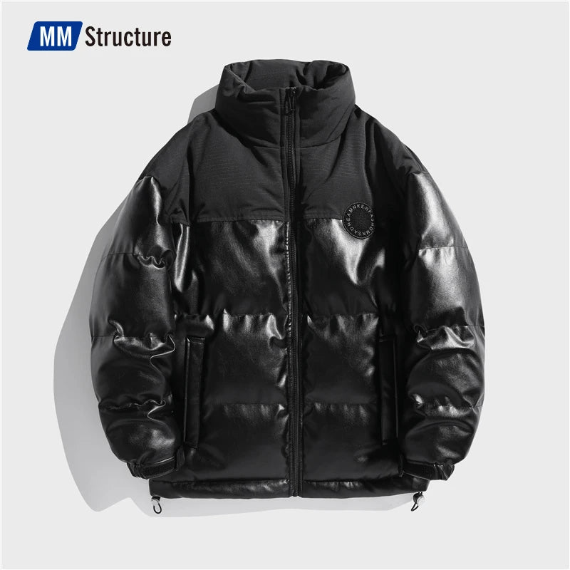 Hip Hop Leather Padded Jacket  New Korean trendy Warm Stand Collar Puffer  Fashion  Jackets for men