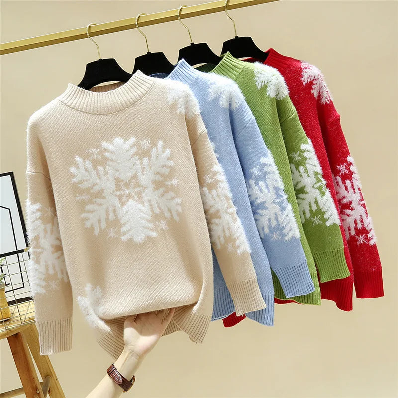 Winter Snowflake Pullover O-neck Casual Knitted Sweater for Women