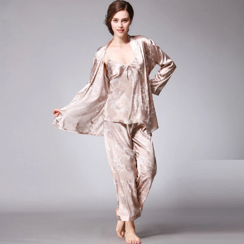 Women Silk Sexy Summer Lingerie Satin Dragon Long Sleeve  Korean Three Piece Pajama Sets Gown