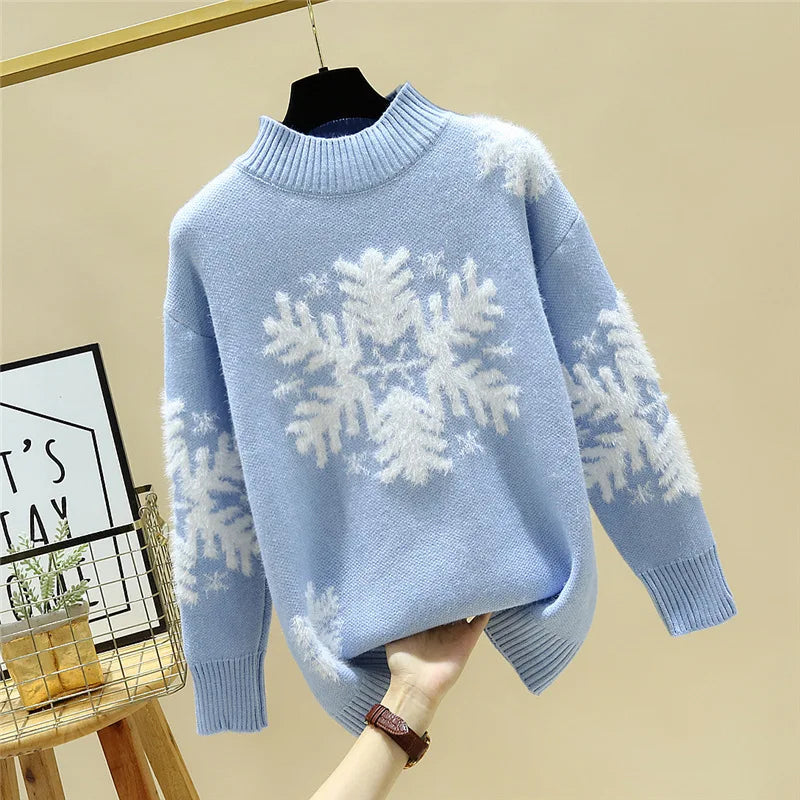 Winter Snowflake Pullover O-neck Casual Knitted Sweater for Women